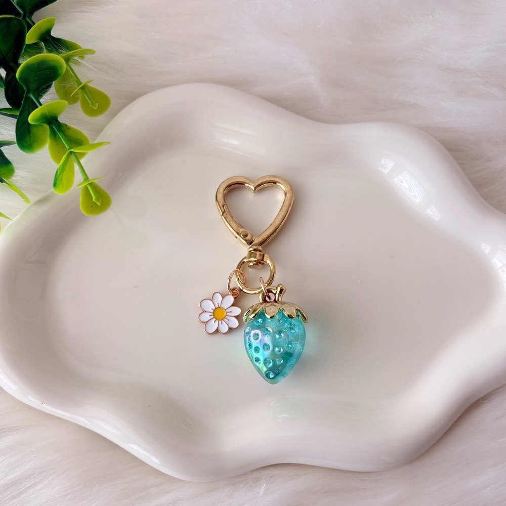 Iridescent Strawberry Keychain/ Bag Charm With Heart Clasp And Daisy